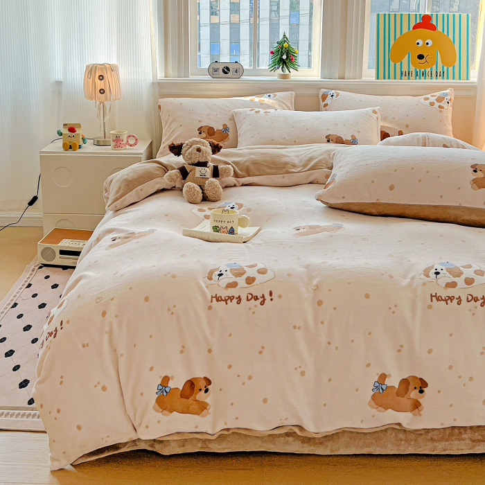 Lenjerie De Pat Cocolino 4 Piese Cu Elastic - Bej Cu Catei [5]