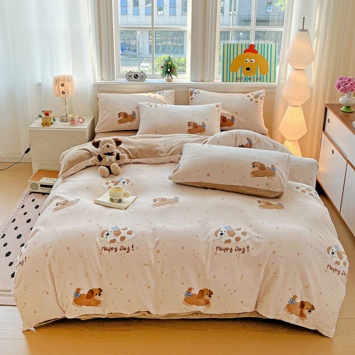 Lenjerie De Pat Cocolino 4 Piese Cu Elastic - Bej Cu Catei [2]