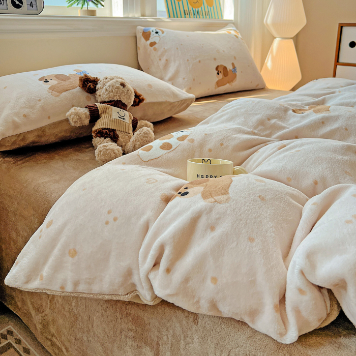 Lenjerie De Pat Cocolino 4 Piese Cu Elastic - Bej Cu Catei [16]