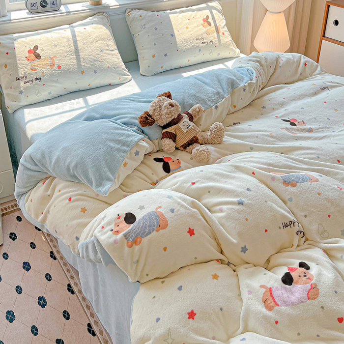 Lenjerie De Pat Cocolino 4 Piese Cu Elastic - Bleu Cu Catei [11]