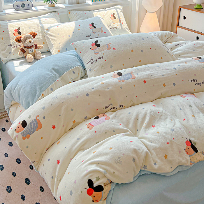 Lenjerie De Pat Cocolino 4 Piese Cu Elastic - Bleu Cu Catei [7]