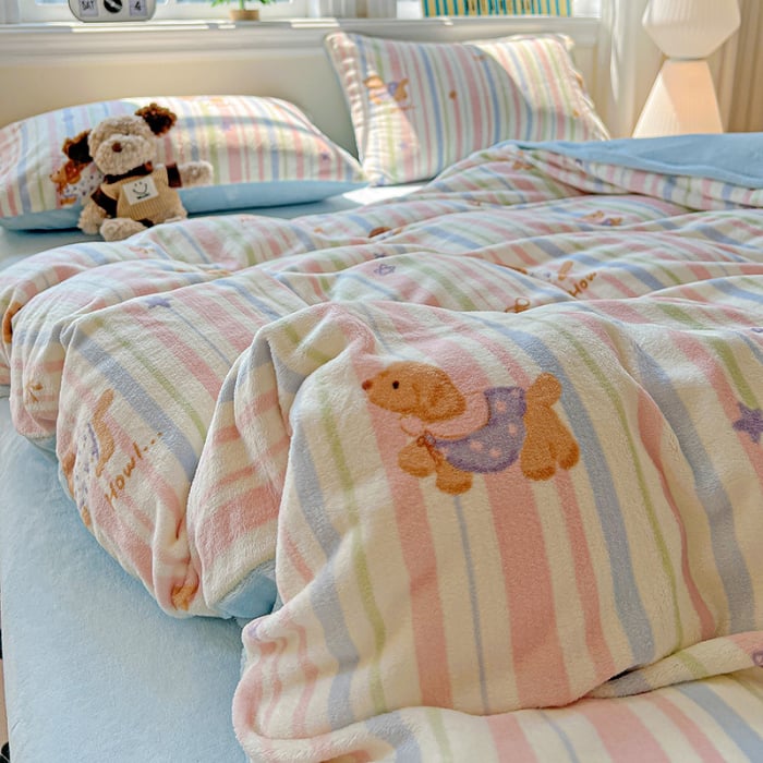 Lenjerie De Pat Cocolino 4 Piese Cu Elastic - Bleu Cu Catei Si Dungi [15]