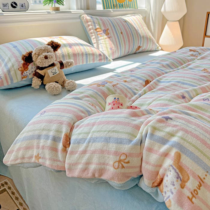 Lenjerie De Pat Cocolino 4 Piese Cu Elastic - Bleu Cu Catei Si Dungi [14]