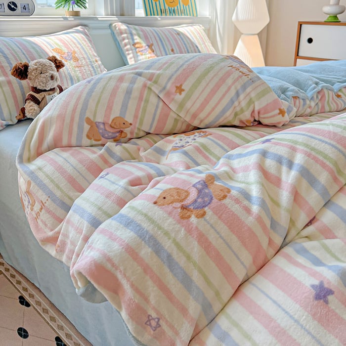 Lenjerie De Pat Cocolino 4 Piese Cu Elastic - Bleu Cu Catei Si Dungi [10]