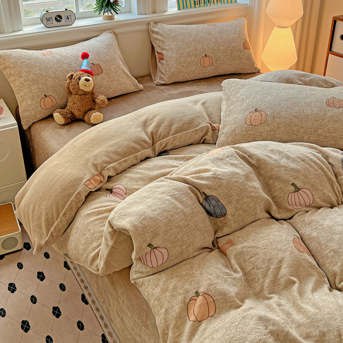 Lenjerie De Pat Cocolino 4 Piese Cu Elastic - Bej Cu Dovleci De Toamna [11]