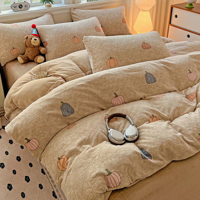 Lenjerie De Pat Cocolino 4 Piese Cu Elastic - Bej Cu Dovleci De Toamna [9]