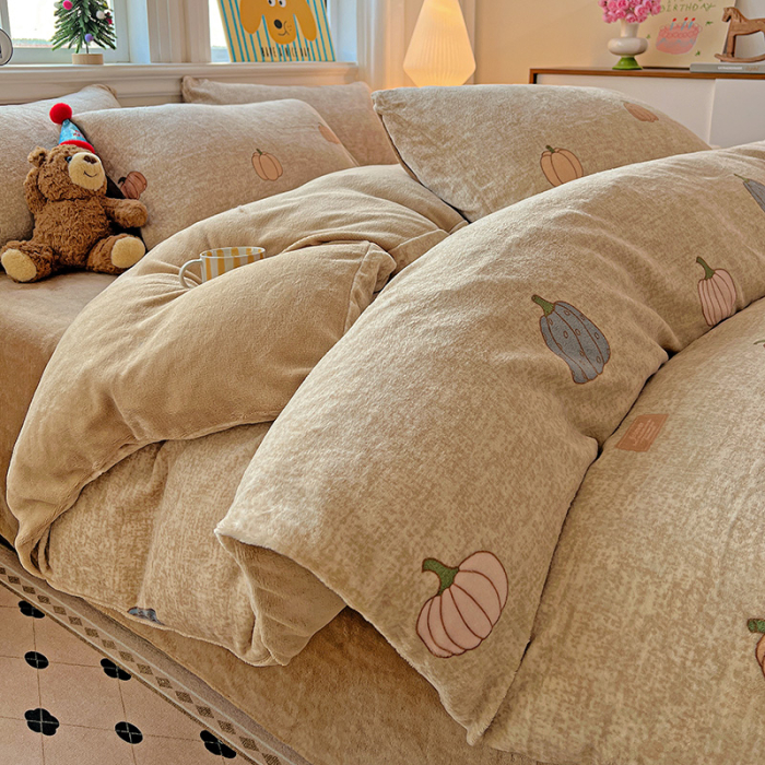 Lenjerie De Pat Cocolino 4 Piese Cu Elastic - Bej Cu Dovleci De Toamna [8]