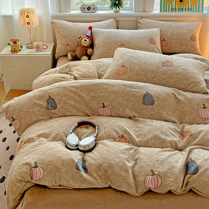 Lenjerie De Pat Cocolino 4 Piese Cu Elastic - Bej Cu Dovleci De Toamna [10]