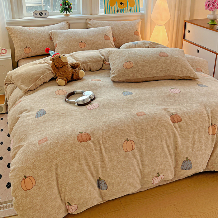 Lenjerie De Pat Cocolino 4 Piese Cu Elastic - Bej Cu Dovleci De Toamna [3]