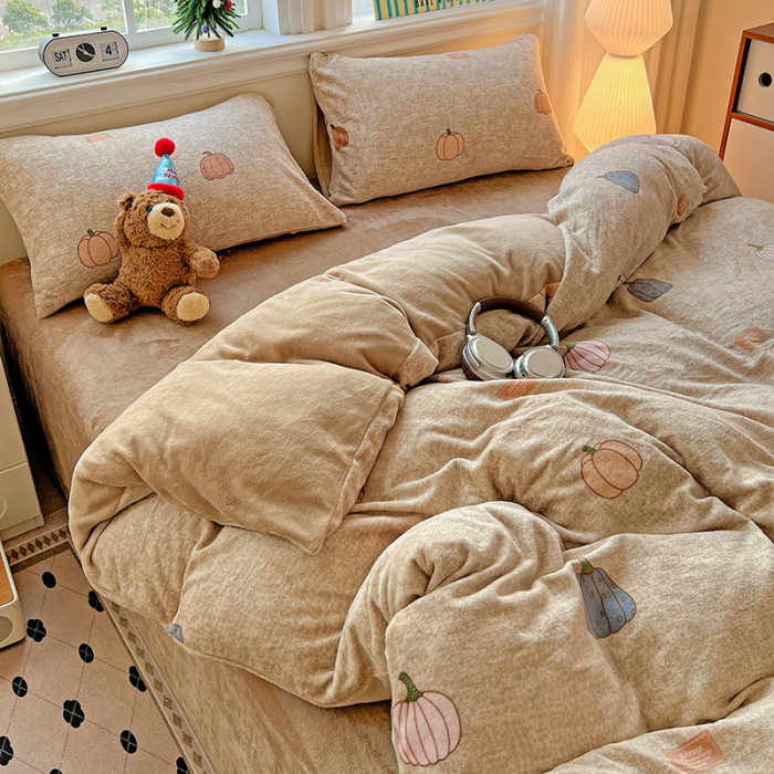 Lenjerie De Pat Cocolino 4 Piese Cu Elastic - Bej Cu Dovleci De Toamna [13]