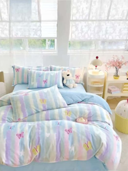 Lenjerie De Pat Cocolino 4 Piese Cu Elastic - Bleu Cu Dungi Si Fluturasi [1]