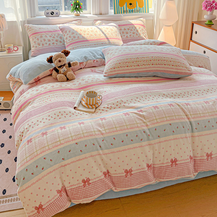 Lenjerie De Pat Cocolino 4 Piese Cu Elastic - Bleu Cu Dungi Si Fundite [5]