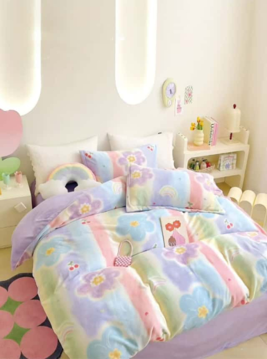 Lenjerie De Pat Cocolino 4 Piese Cu Elastic - Lila Cu Flori Multicolore [1]