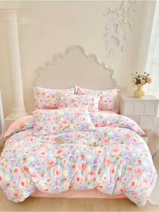 Lenjerie De Pat Cocolino 4 Piese Cu Elastic - Roz Cu Flori Colorate [1]