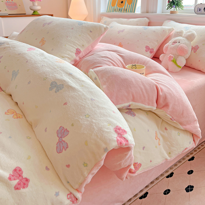 Lenjerie De Pat Cocolino 4 Piese Cu Elastic - Roz Cu Fundite Colorate [7]