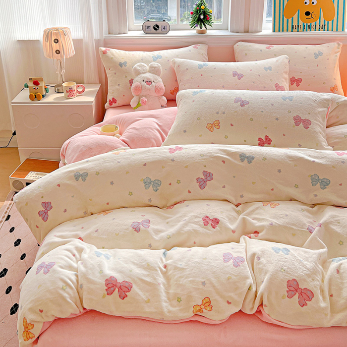 Lenjerie De Pat Cocolino 4 Piese Cu Elastic - Roz Cu Fundite Colorate [9]