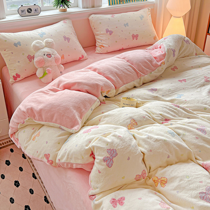 Lenjerie De Pat Cocolino 4 Piese Cu Elastic - Roz Cu Fundite Colorate [11]