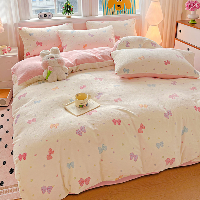 Lenjerie De Pat Cocolino 4 Piese Cu Elastic - Roz Cu Fundite Colorate [6]