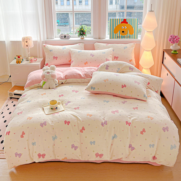 Lenjerie De Pat Cocolino 4 Piese Cu Elastic - Roz Cu Fundite Colorate [2]