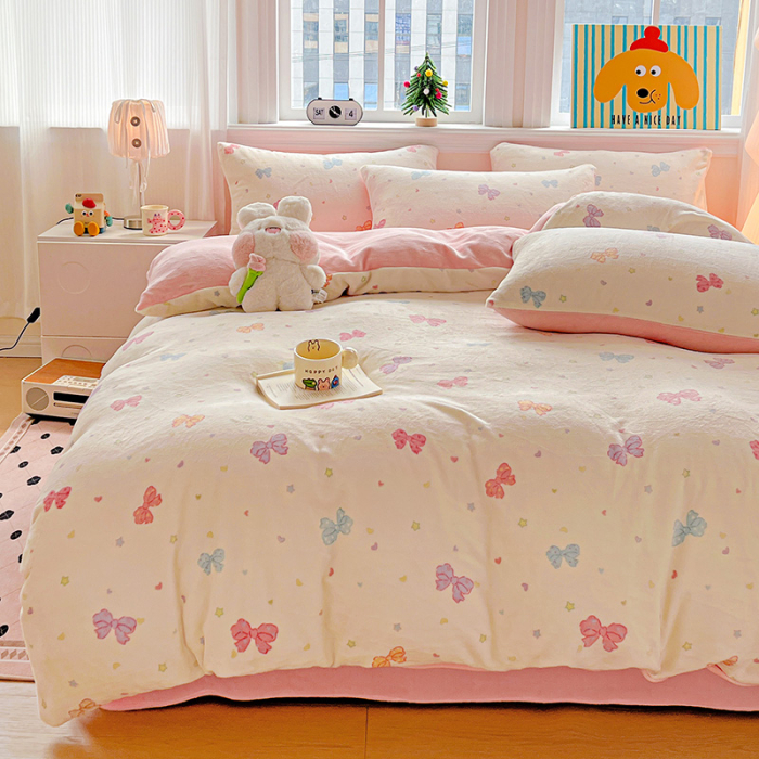 Lenjerie De Pat Cocolino 4 Piese Cu Elastic - Roz Cu Fundite Colorate [5]