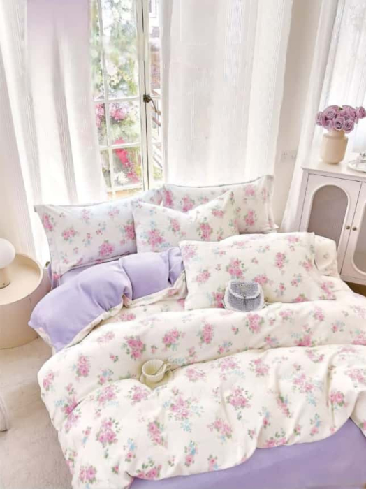 Lenjerie De Pat Cocolino 4 Piese Cu Elastic - Lila Cu Imprimeu Floral [1]