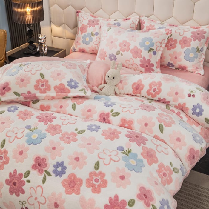 Lenjerie De Pat Cocolino 4 Piese Cu Elastic - Roz Cu Floricele [2]