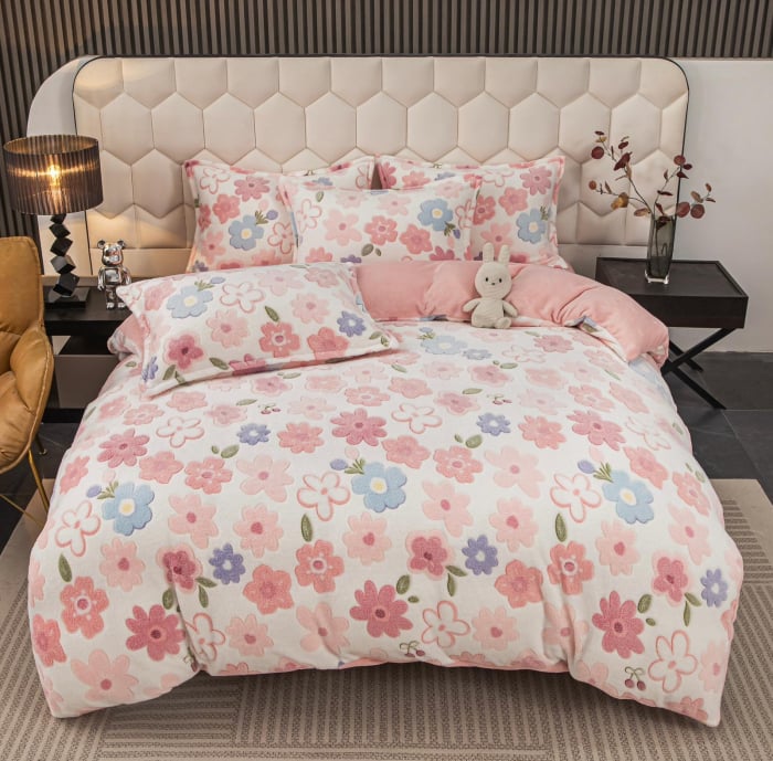 Lenjerie De Pat Cocolino 4 Piese Cu Elastic - Roz Cu Floricele [1]