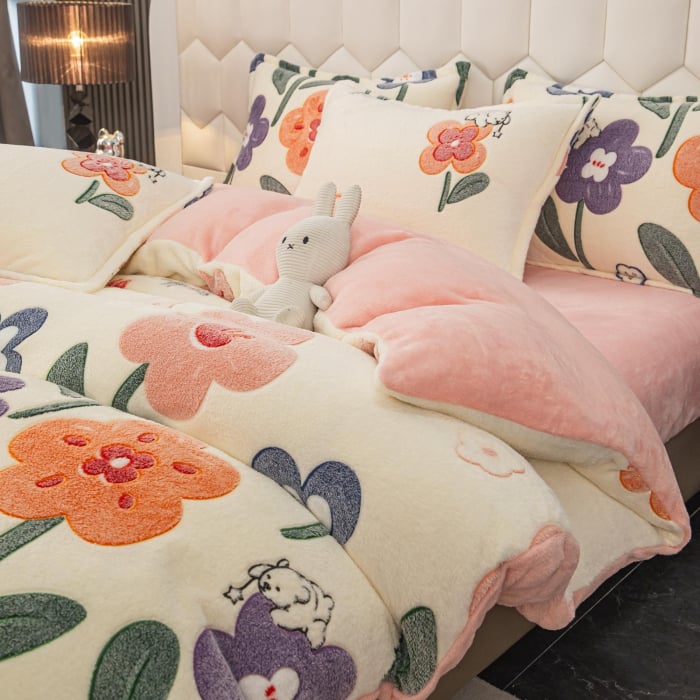 Lenjerie De Pat Cocolino 4 Piese Cu Elastic - Crem Cu Floricele [3]
