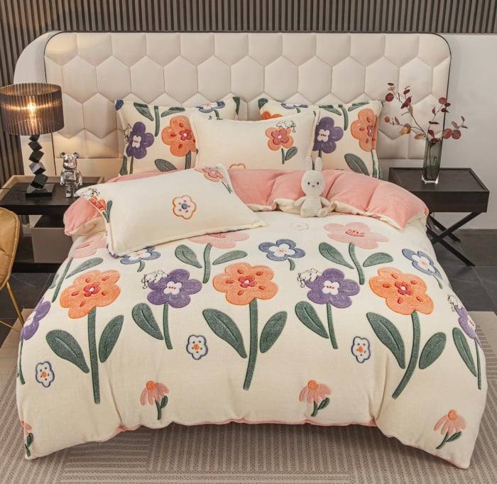 Lenjerie De Pat Cocolino 4 Piese Cu Elastic - Crem Cu Floricele [1]