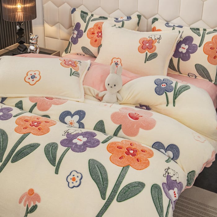 Lenjerie De Pat Cocolino 4 Piese Cu Elastic - Crem Cu Floricele [2]