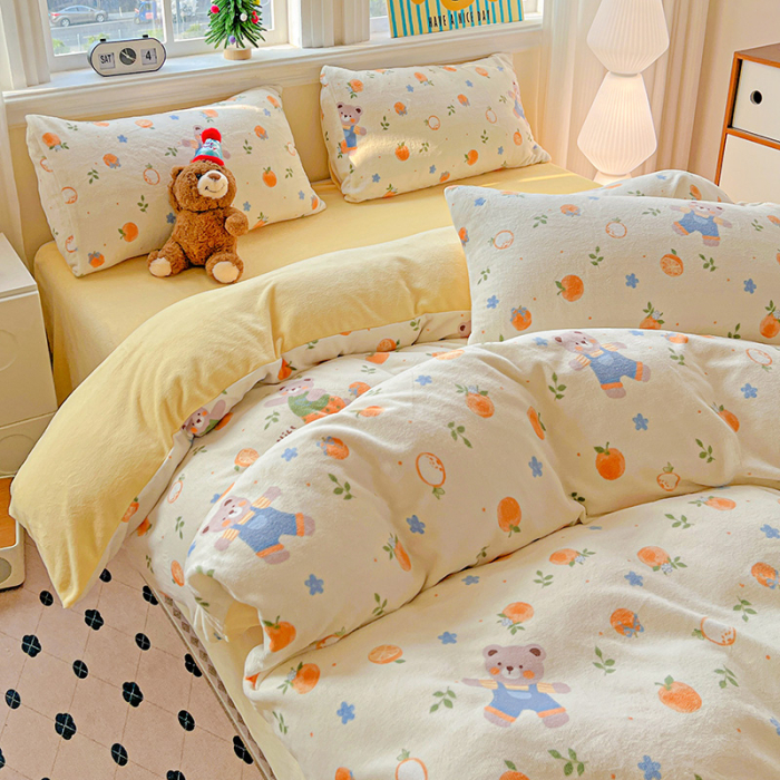 Lenjerie De Pat Cocolino 4 Piese Cu Elastic - Galben Cu Ursuleti, Portocale Si Floricele [4]
