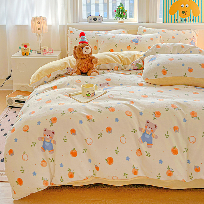 Lenjerie De Pat Cocolino 4 Piese Cu Elastic - Galben Cu Ursuleti, Portocale Si Floricele [6]