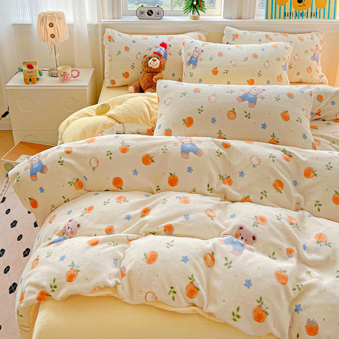 Lenjerie De Pat Cocolino 4 Piese Cu Elastic - Galben Cu Ursuleti, Portocale Si Floricele [11]
