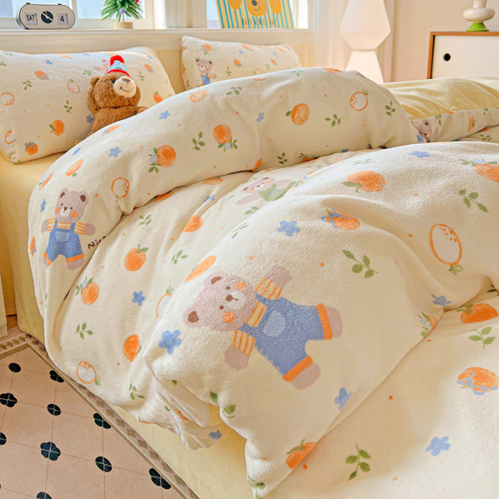Lenjerie De Pat Cocolino 4 Piese Cu Elastic - Galben Cu Ursuleti, Portocale Si Floricele [12]