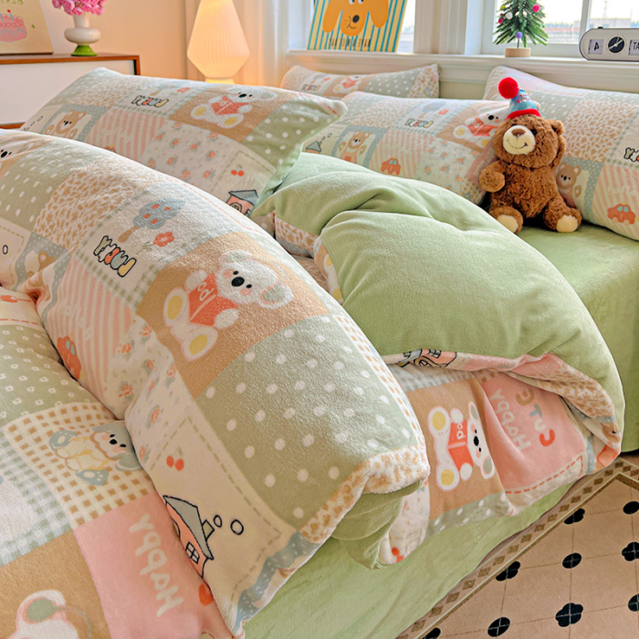 Lenjerie De Pat Cocolino 4 Piese Cu Elastic - Verde Cu Patratele [7]