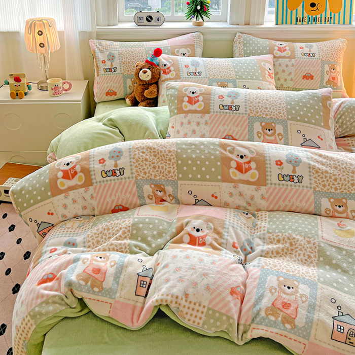 Lenjerie De Pat Cocolino 4 Piese Cu Elastic - Verde Cu Patratele [8]