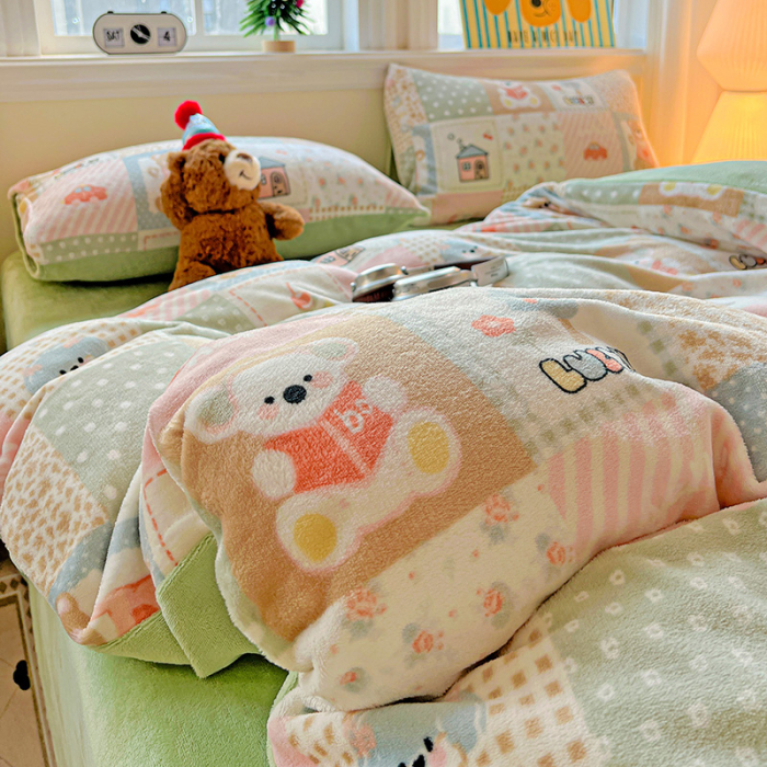 Lenjerie De Pat Cocolino 4 Piese Cu Elastic - Verde Cu Patratele [14]