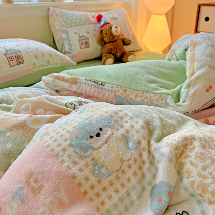 Lenjerie De Pat Cocolino 4 Piese Cu Elastic - Verde Cu Patratele [15]