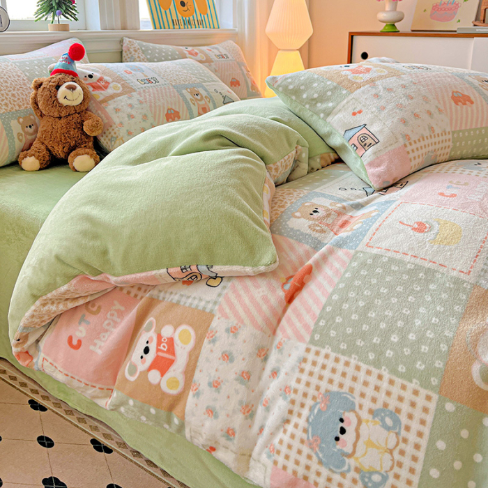 Lenjerie De Pat Cocolino 4 Piese Cu Elastic - Verde Cu Patratele [6]