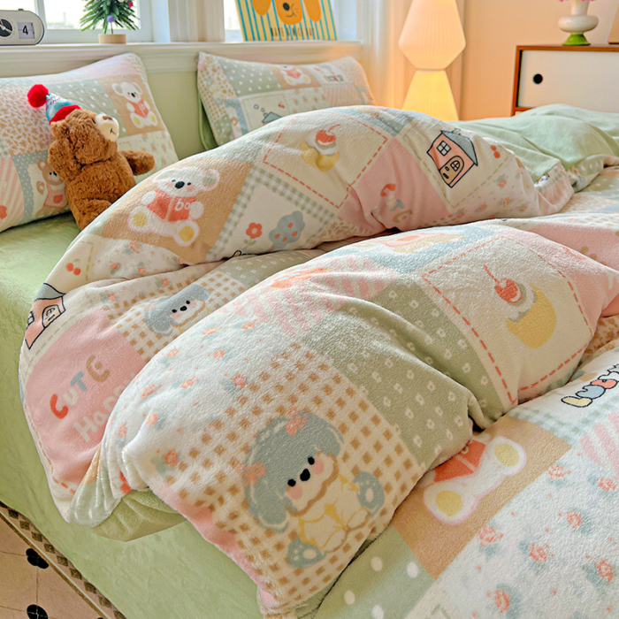 Lenjerie De Pat Cocolino 4 Piese Cu Elastic - Verde Cu Patratele [10]