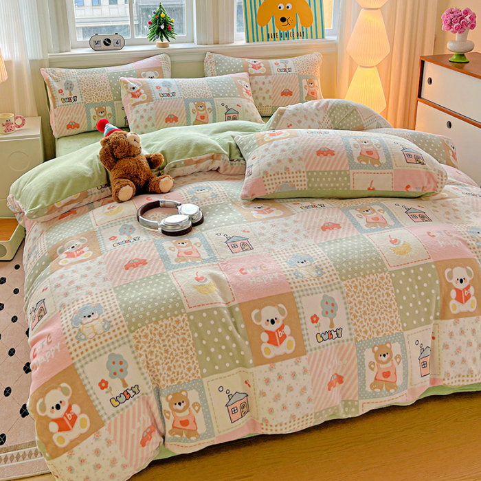 Lenjerie De Pat Cocolino 4 Piese Cu Elastic - Verde Cu Patratele [5]