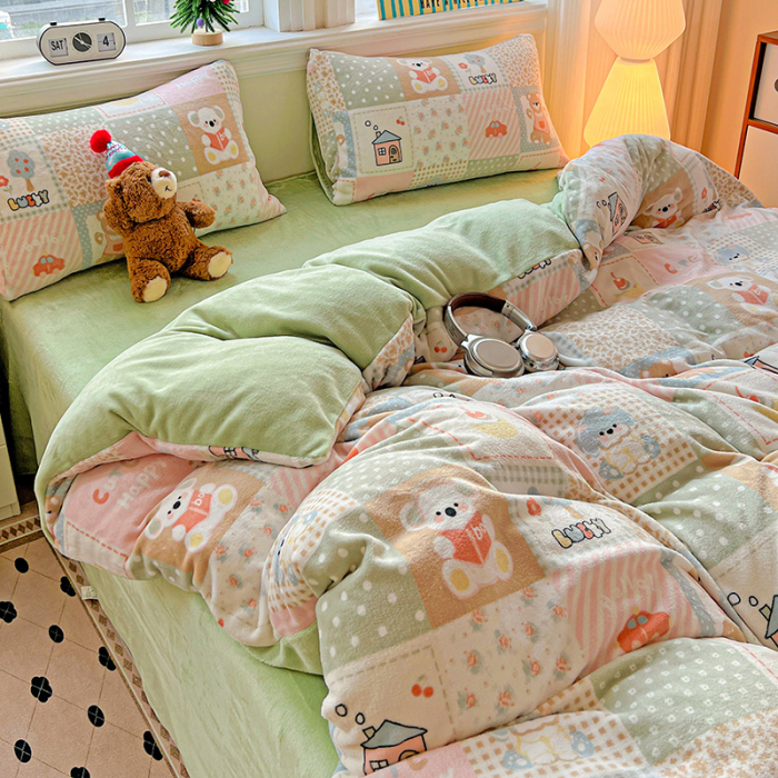 Lenjerie De Pat Cocolino 4 Piese Cu Elastic - Verde Cu Patratele [11]