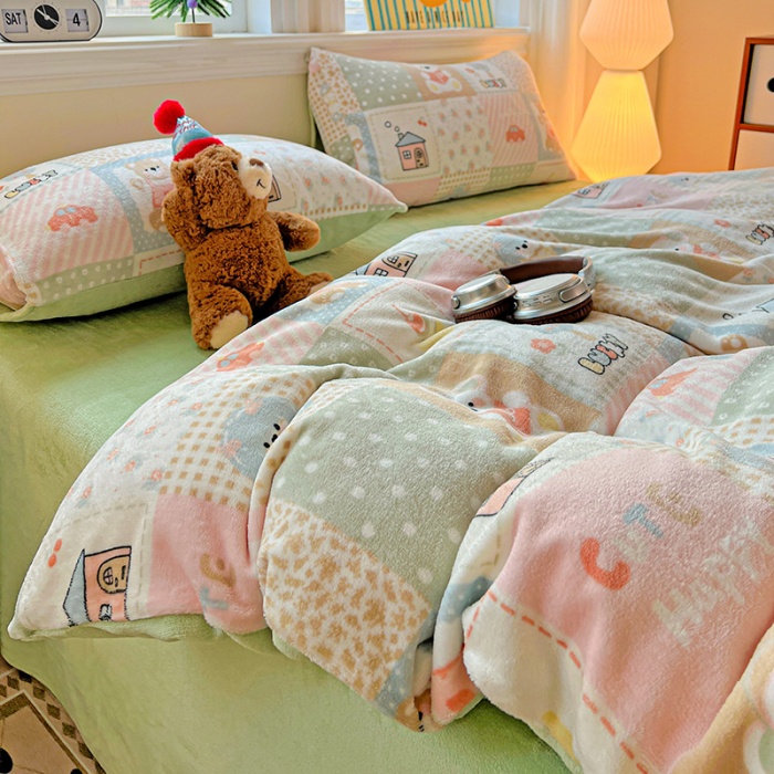 Lenjerie De Pat Cocolino 4 Piese Cu Elastic - Verde Cu Patratele [13]