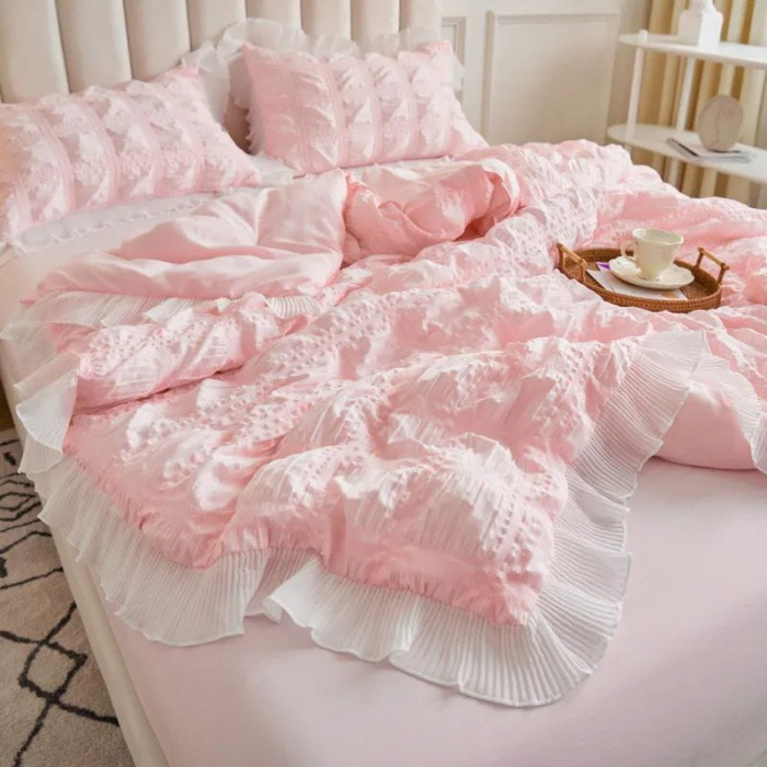 Lenjerie De Pat Creponata Cu Volanase - Pink [3]