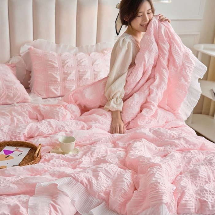 Lenjerie De Pat Creponata Cu Volanase - Pink [4]