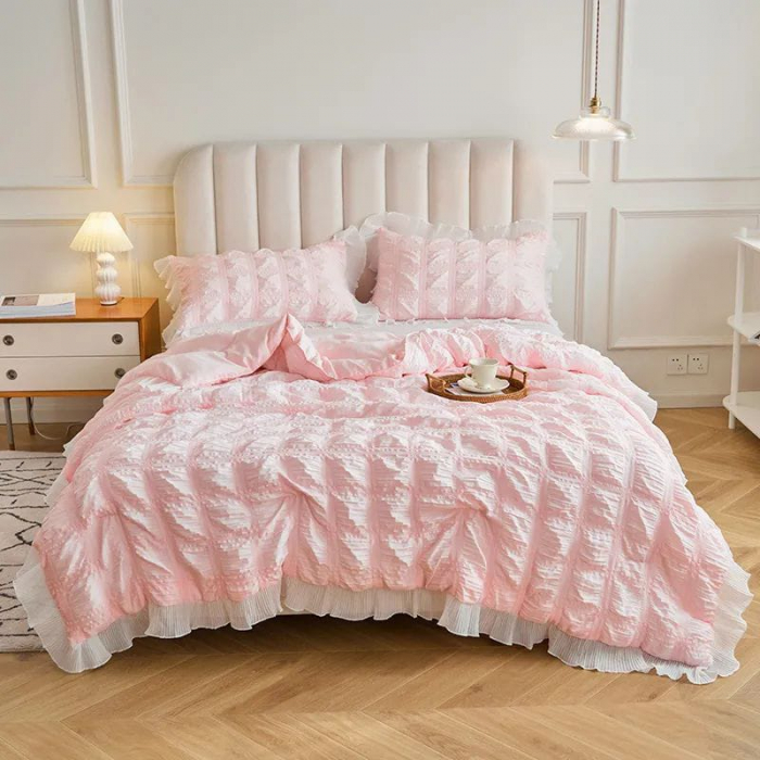 Lenjerie De Pat Creponata Cu Volanase - Pink [8]