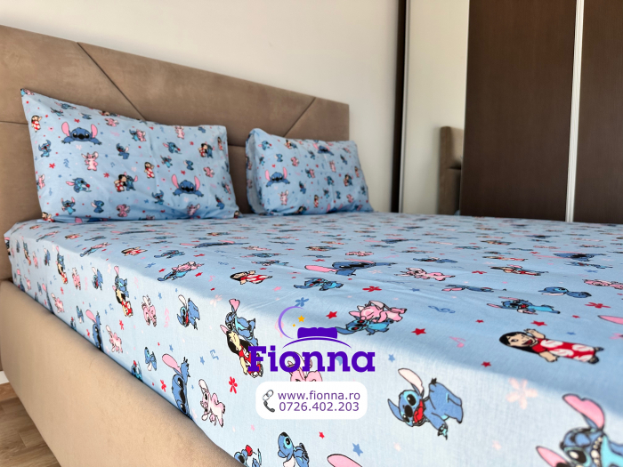 Husa cu Elastic si Fete de Perna Din Bumbac 100% Ranforce 180x200cm - Stitch Si Lilo La Joaca [6]