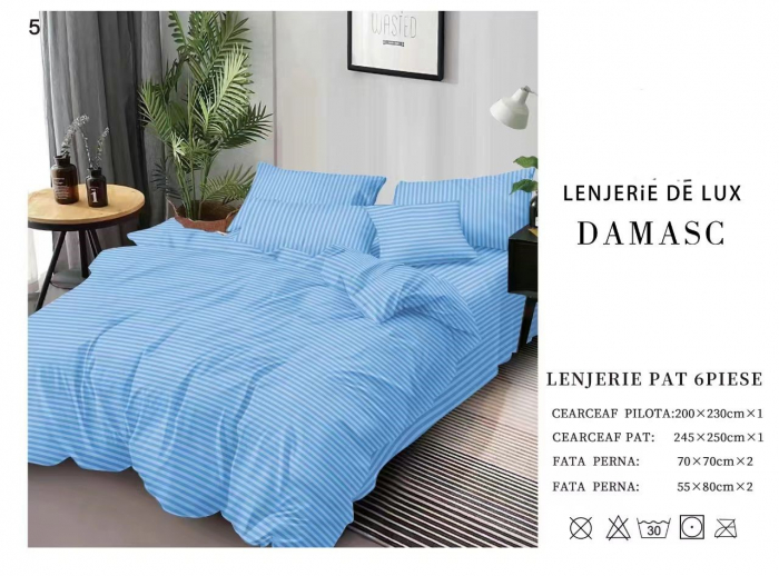 Lenjerie De Pat Din Damasc 6 Piese - Albastru Deschis [1]