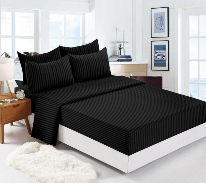 Lenjerie De Pat din Damasc Finetat Cu Elastic - Negru [2]