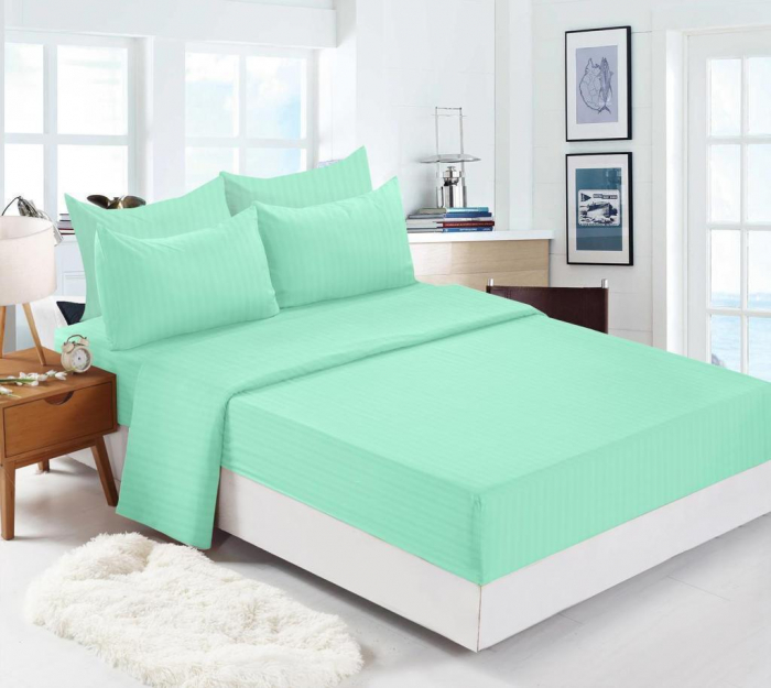 Lenjerie De Pat din Damasc Finetat Cu Elastic - Verde Menta [2]